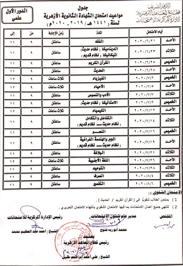 جداول الثانوية الأزهرية